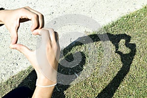 Hands making heart symbol shadow