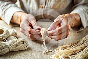 Hands making linen floss
