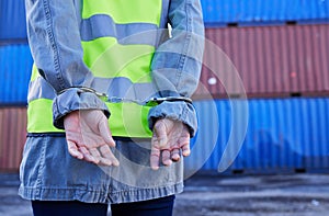 Hands, man and arrest of engineer in handcuffs for theft, crime or fraud. Corruption, law and logistics, shipping or