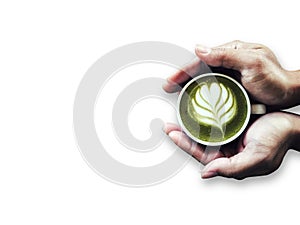 Hands man holding Latte art green tea cup   on white background.