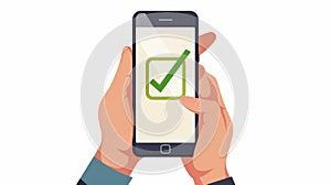 In the hands of a man holding a smartphone with a green checkbox, success symbol, approving, confirming, and agreeing