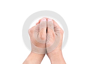 Hands of a man joined to make a punch on white background