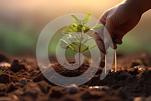 Hands of man planting seedling on fertile soil at sunset time - Ai Generated