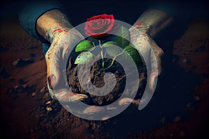 Hands of a man with a red rose in the soil. Generative AI