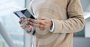 Hands of man on smartphone, typing in office and technology for connectivity, communication and networking. Online chat
