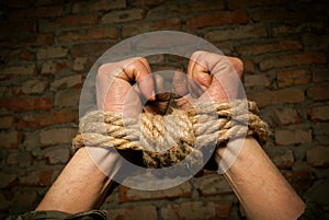 Hands of man tied up with rope photo