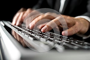 Hands of a man typing fast on a computer keyboard