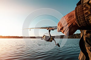 Hands of a man in a Urp plan hold a fishing rod, a fisherman catches fish at dawn. Fishing hobby vacation concept. Copy space