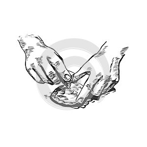 Hands of a man who makes fire with stones. Hand drawn illustration. Vector