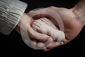 Hands of a man and a woman holding a baby\'s feet, A newborn baby and mother holding hands on a white background, hands