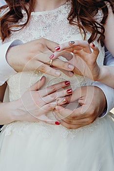 hands of man and woman with wedding rings. Gold rings on the hands of the newlyweds