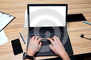 Hands of a man working in the office at the computer. Consulting, Training, Co-working, Business, Top View