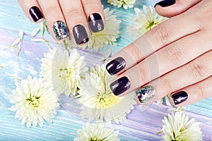 Hands with manicured nails colored with dark purple nail polish