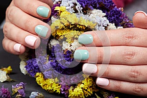 Hands with manicured nails colored with pink and green nail polish