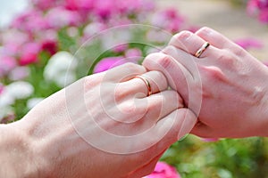 Hands of married couple with wedding rings against pink flowers