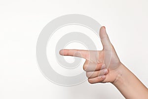 hands measuring invisible objects showing the direction. Isolated on a white background