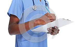 Hands of medical doctor with a clipboard
