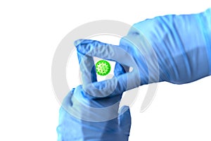 Hands in medical gloves controlling virus. Covid-19 controled in cage.