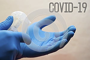 Hands medical gloves spray alcohol antiseptic - protection, coronavirus, lettering covid19