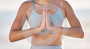 Hands, meditation and zen woman in yoga with spiritual, peaceful or worship gesture outdoor in nature. Wellness, fitness