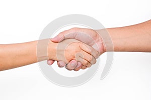 Hands of men and women shaking hands. Two people holding hands on white background. That can mean helping, caring, protecting,