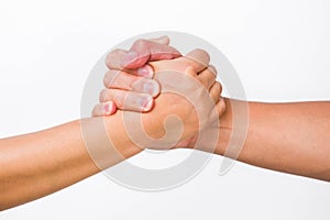 Hands of men and women shaking hands. Two people holding hands on white background. That can mean helping, caring, protecting,