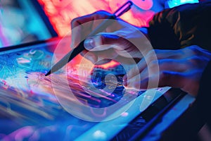 Digital Illustration Detail Work on Tablet in Bright, Vibrant Setting for Creative Design Projects photo