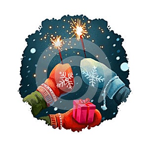 Hands in mittens holding sparklers, gift box present. Merry Christmas, Happy New Year greeting card design. Winter nature, snowing