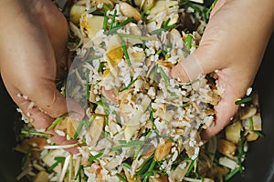 Hands mixing rice and vegetables