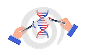 Hands modifying DNA helix with tweezers, abstract flat vector illustration isolated on white background.