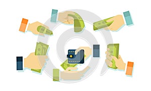 Hands and money set, businessman hand giving and receiving money banknotes and credit cards vector Illustration on a