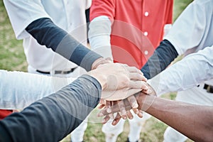 Hands, motivation or baseball people in huddle with support, hope or faith on sports field in game together. Closeup of