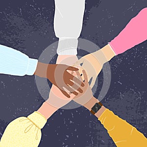 Hands of multiethnic people making unity, togetherness, support and solidarity gesture. Flat vector cartoons design.