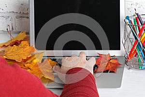 Hands multitasking man working on laptop connecting wifi internet, businessman hand busy using laptop at office desk,typing on key