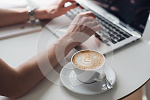 Hands multitasking woman working on laptop connecting wifi internet, businessman hand busy using laptop at office desk