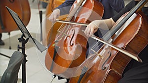 Hands of musicians playing the cello in the orchestra