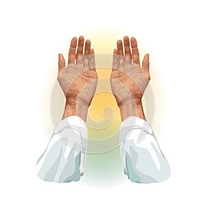 Hands of a Muslim who prays, flat  on a white background. For Hajj, Umrah, Ramadan, Arafat, Prayer. Vector illustration