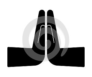 Hands namaste black sign. Indian religion traditional symbol. Gesture welcome, greeting, please, thank. Namaste exercise,