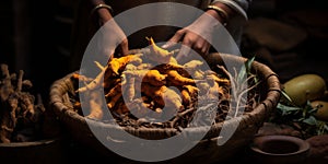 Hands near basket of tumeric roots. Indian, Asian or Mexican spices. Copy space