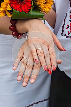 The hands of a newly-married couple after the wedding