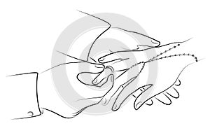 Hands newlyweds at the wedding. A man puts a wedding ring on the girl s finger. Vector illustration