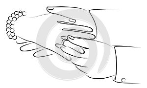 Hands newlyweds at the wedding. A man puts a wedding ring on the girl s finger. Vector illustration