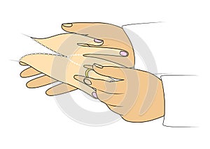 The hands of newlyweds at the wedding. A man wears an engagement ring to a girl. Vector illustration