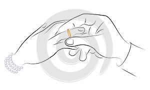 The hands of newlyweds at the wedding. A man wears an engagement ring to a girl. Vector illustration