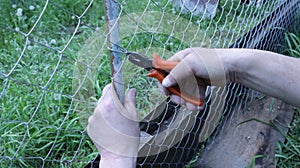 Hands with nippers cut the wire when attaching the fence mesh