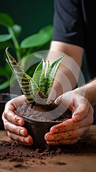 Hands nurture sansevieria, new soil fosters growth, care in close up