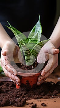 Hands nurture sansevieria, new soil fosters growth, care in close up