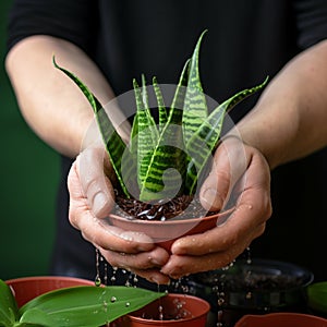 Hands nurture sansevieria, new soil fosters growth, care in close up