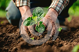 Hands nurturing a young plant in fertile soil with care and growth.