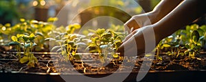 Hands nurturing young plants in a greenhouse with warm sunlight, symbolizing growth, sustainability, and eco-friendly agriculture